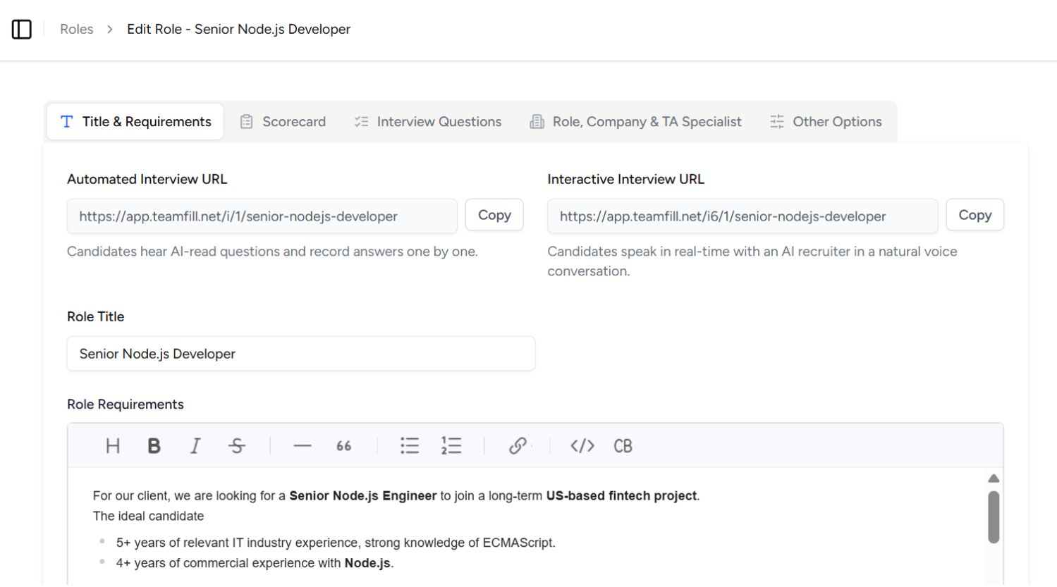 TeamFill interview dashboard